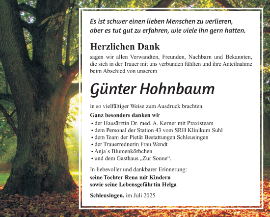 Traueranzeige von Günter Hohnbaum von Südthüringer Presse