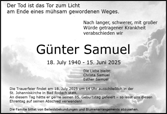 Traueranzeige von Günter Samuel von Neue Presse Coburg