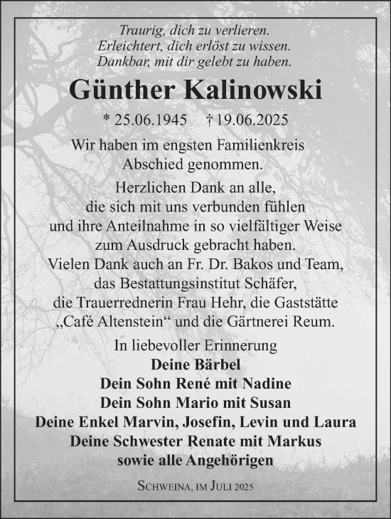 Traueranzeige von Günther Kalinowski von Südthüringer Presse
