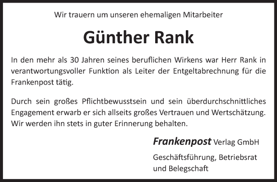 Traueranzeige von Günther Rank von Frankenpost