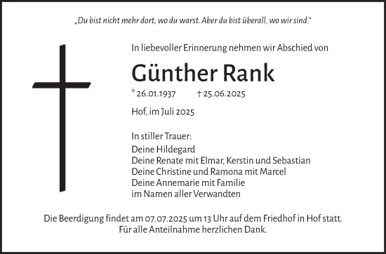 Traueranzeige von Günther Rank von Frankenpost