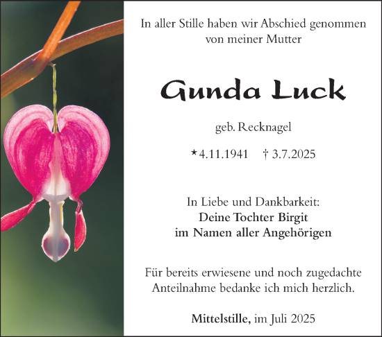 Traueranzeige von Gunda Luck von Südthüringer Presse