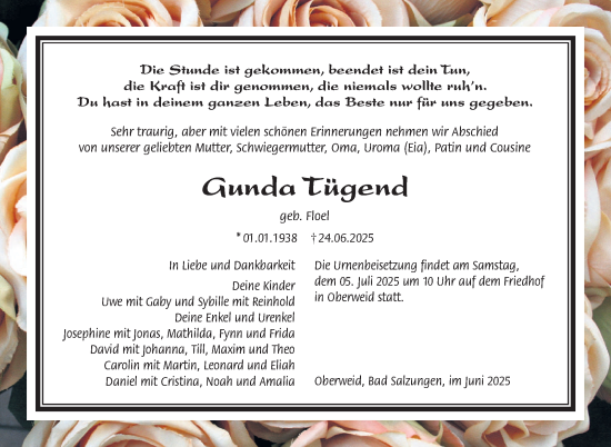 Traueranzeige von Gunda Tügend von Südthüringer Presse