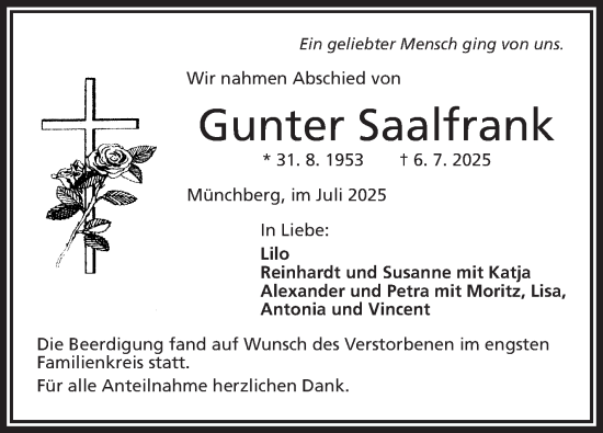 Traueranzeige von Gunter Saalfrank von Südthüringer Presse
