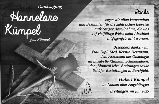 Traueranzeige von Hannelore Kümpel von Südthüringer Presse