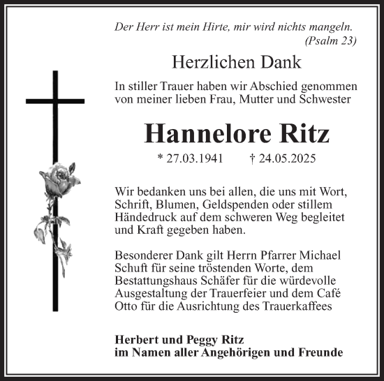 Traueranzeige von Hannelore Ritz von Südthüringer Presse