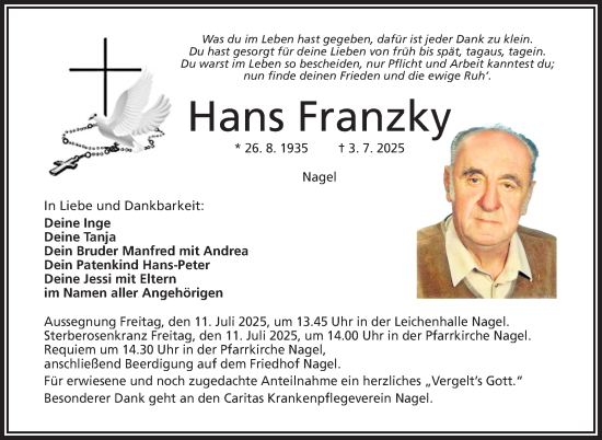 Traueranzeige von Hans Franzky von Frankenpost