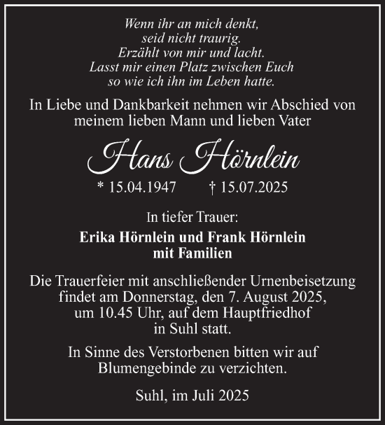 Traueranzeige von Hans Hörnlein von Südthüringer Presse