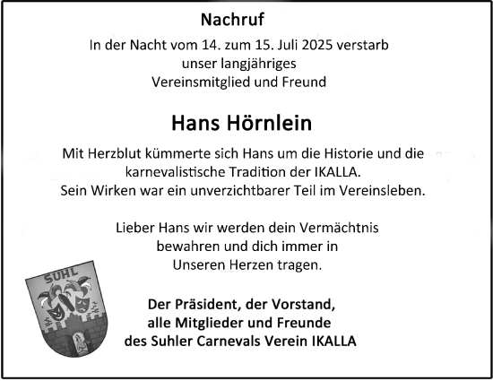 Traueranzeige von Hans Hörnlein von Südthüringer Presse