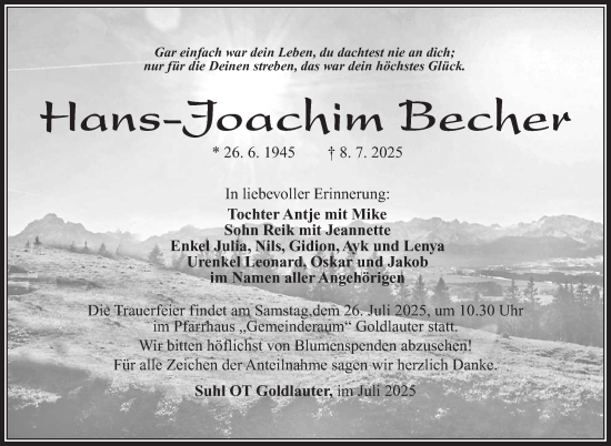 Traueranzeige von Hans-Joachim Becher von Südthüringer Presse