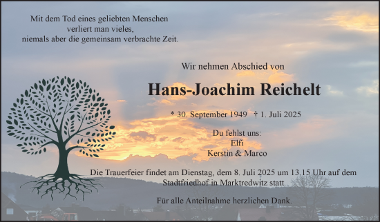 Traueranzeige von Hans-Joachim Reichelt von Frankenpost