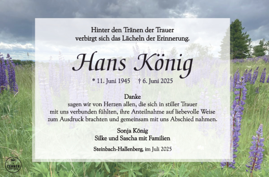 Traueranzeige von Hans König von Südthüringer Presse