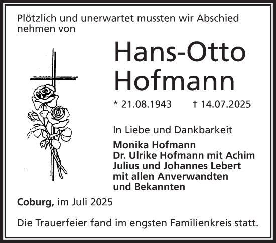 Traueranzeige von Hans-Otto Hofmann von Neue Presse Coburg