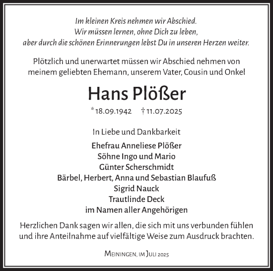 Traueranzeige von Hans Plößer von Südthüringer Presse