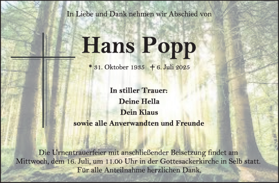 Traueranzeige von Hans Popp von Frankenpost