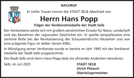 Traueranzeige von Hans Popp von Frankenpost