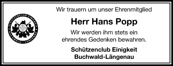 Traueranzeige von Hans Popp von Frankenpost