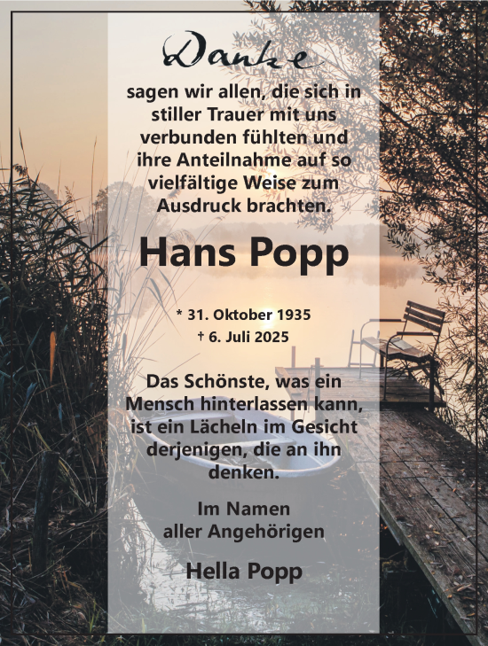 Traueranzeige von Hans Popp von Frankenpost