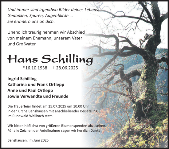 Traueranzeige von Hans Schilling von Südthüringer Presse