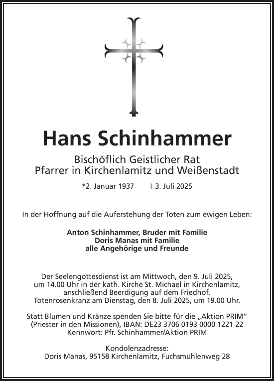 Traueranzeige von Hans Schinhammer von Frankenpost