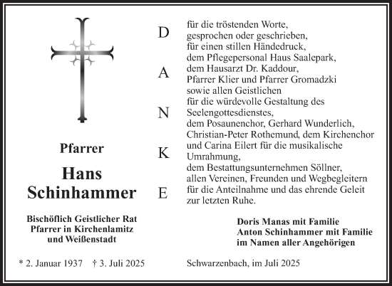 Traueranzeige von Hans Schinhammer von Südthüringer Presse
