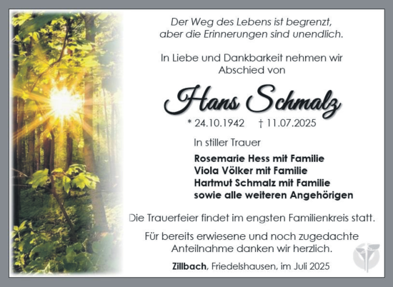 Traueranzeige von Hans Schmalz von Südthüringer Presse