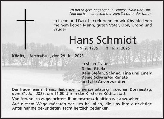 Traueranzeige von Hans Schmidt von Frankenpost