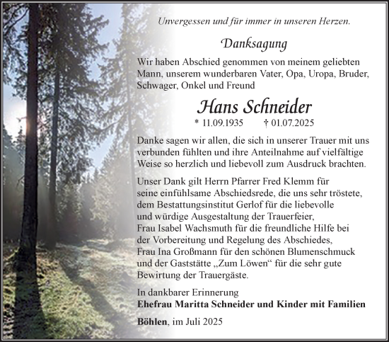Traueranzeige von Hans Schneider von Südthüringer Presse