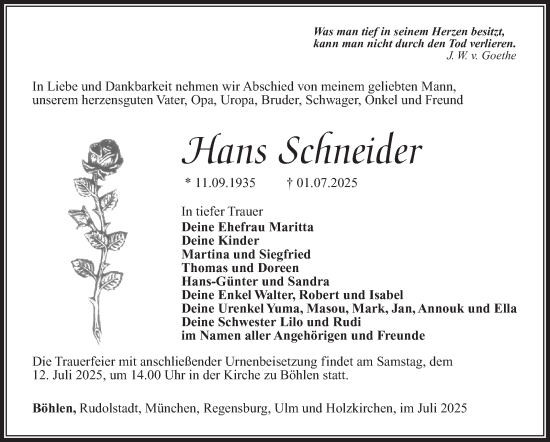 Traueranzeige von Hans Schneider von Südthüringer Presse