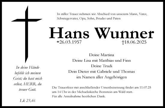 Traueranzeige von Hans Wunner von Frankenpost