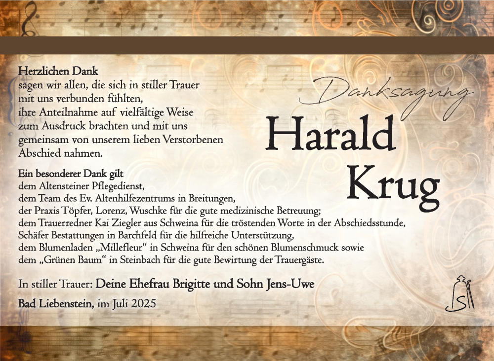  Traueranzeige für Harald Krug vom 22.07.2025 aus Südthüringer Presse