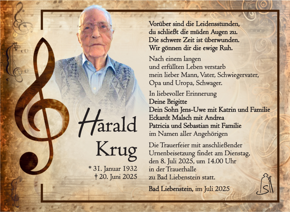  Traueranzeige für Harald Krug vom 04.07.2025 aus Südthüringer Presse