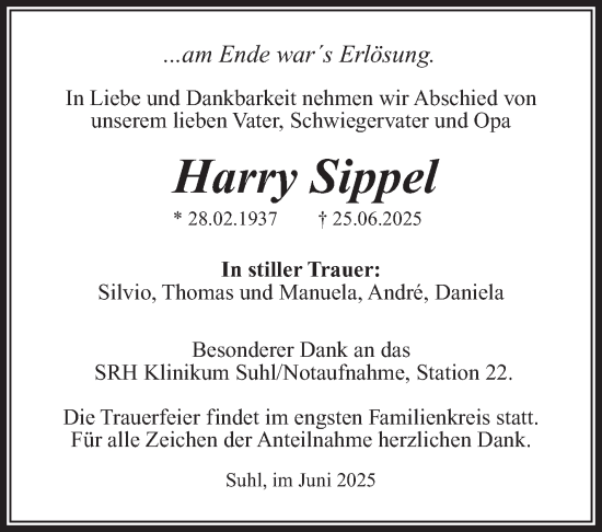 Traueranzeige von Harry Sippel von Südthüringer Presse