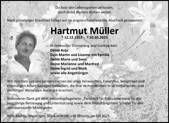 Traueranzeige von Hartmut Müller von Südthüringer Presse