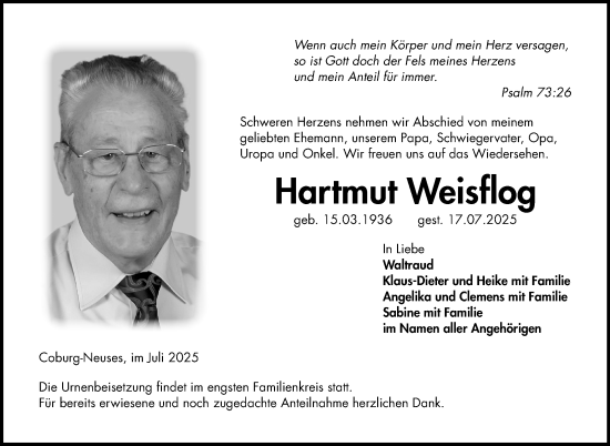 Traueranzeige von Hartmut Weisflog von Neue Presse Coburg