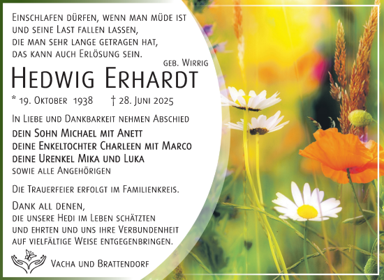 Traueranzeige von Hedwig Erhardt von Südthüringer Presse
