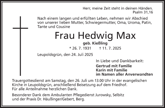 Traueranzeige von Hedwig Max von Frankenpost