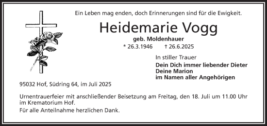 Traueranzeige von Heidemarie Vogg von Frankenpost