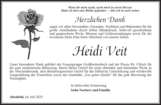 Traueranzeige von Heidi Veit von Südthüringer Presse