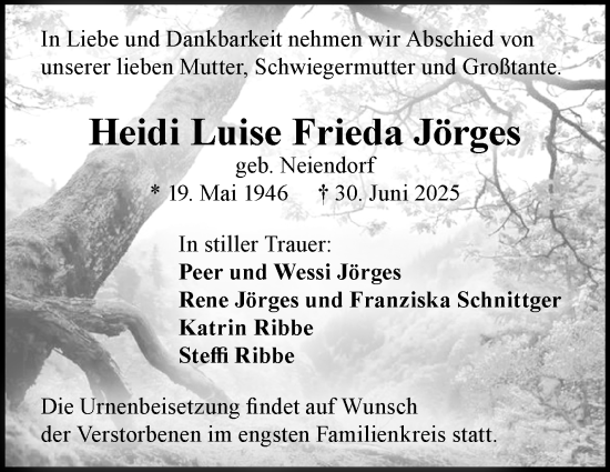 Traueranzeige von Heidi Luise Frieda Jörges von Südthüringer Presse
