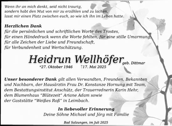 Traueranzeige von Heidrun Wellhöfer von Südthüringer Presse