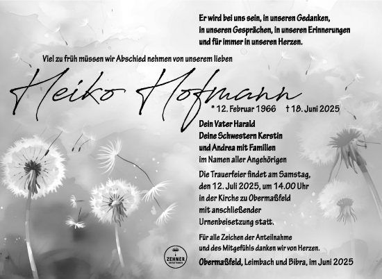 Traueranzeige von Heiko Hofmann von Südthüringer Presse