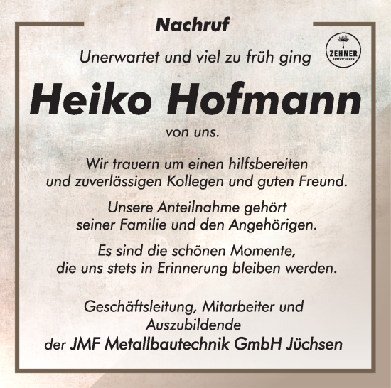 Traueranzeige von Heiko Hofmann von Südthüringer Presse