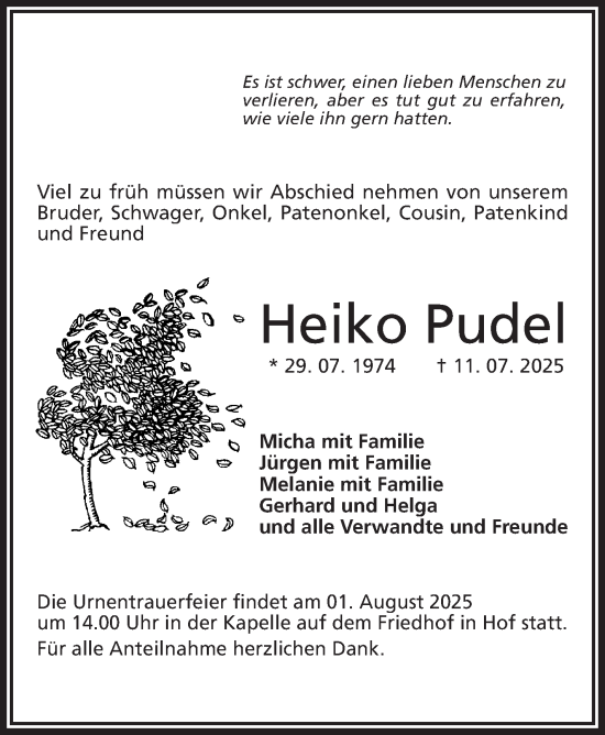 Traueranzeige von Heiko Pudel von Frankenpost