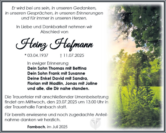 Traueranzeige von Heinz Hofmann von Südthüringer Presse