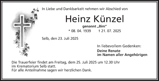 Traueranzeige von Heinz Künzel von Frankenpost