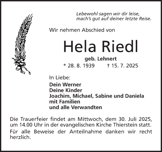 Traueranzeige von Hela Riedl von Frankenpost