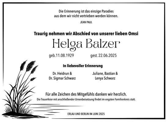Traueranzeige von Helga Balzer von Südthüringer Presse