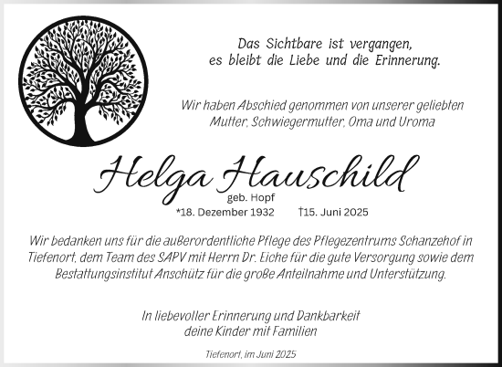 Traueranzeige von Helga Hauschild von Südthüringer Presse