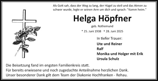 Traueranzeige von Helga Höpfner von Frankenpost